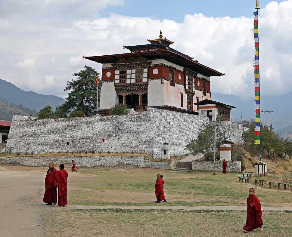 Monks at historic monastery in Thimphu