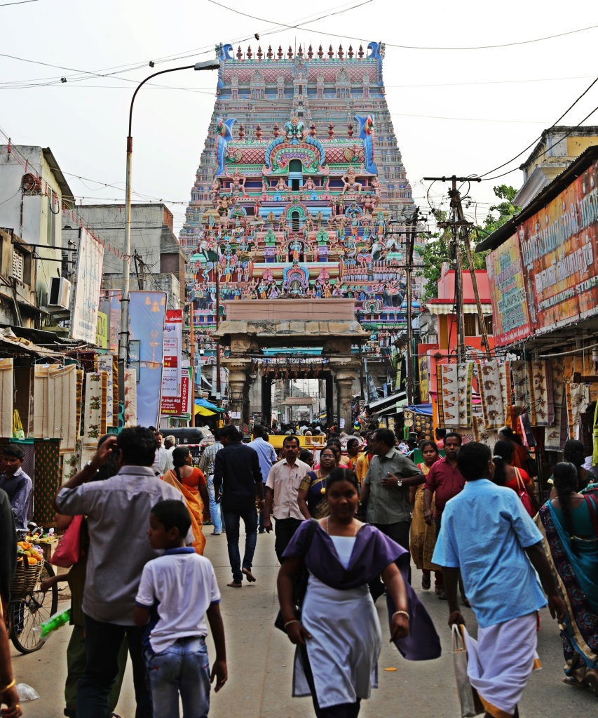 Gopuram on a busy market street, Sri Ranganathaswamy Temple, Trichy
