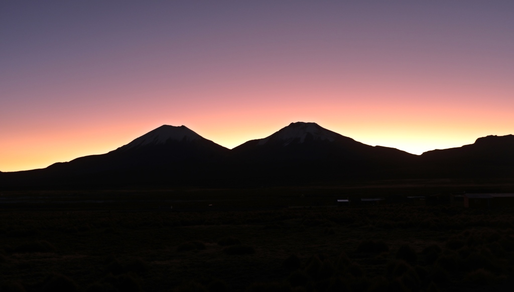 Sunset behind Parinacota & Pomerape, Sajama